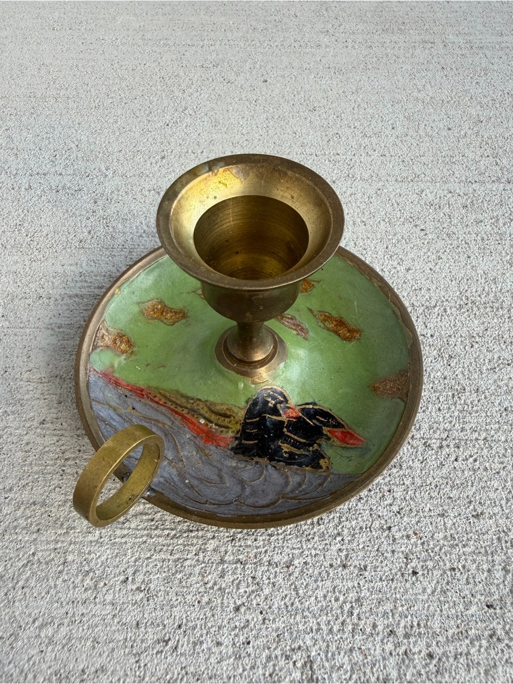 Rare Vintage India Brass Enamel Butterfly Chamberstick Candle Holder